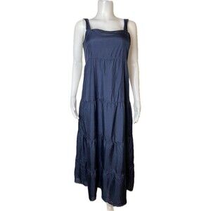 F. Eileen Fisher  Silk Dress S Tiered Blue Blouse Sleeveless Square Neck